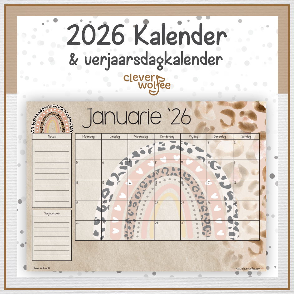 Luiperd en reënboog kalender 2026
